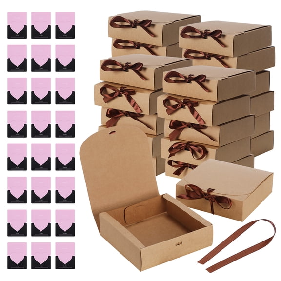 puresly 24 Pcs Gift Boxes with Lids & Ribbon Bridesmaid Proposal Box 6.5x6.5x2 Inch Packaging Box for Wedding Packaging Present Birthday Xmas Party (Light Brown)
