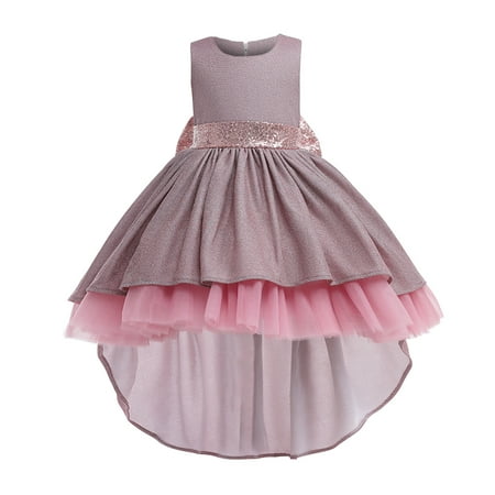 

safuny Girls s Party Gown Birthday Dress Clearance Shiny Solid Lovely Comfy Fit Vintage Round Neck Holiday Tiered Bowknot Swing Hem Sleeveless Princess Dress Pink 3-9Y