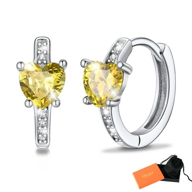 Pendientes de aro de plata de ley con piedras natales Silvora para mujer. Diamantes creados. Delicada joya de regalo para cumpleaños o Navidad