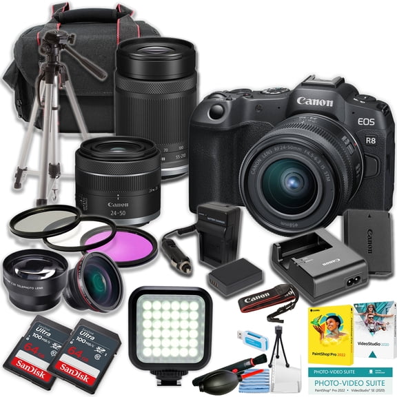 Canon EOS R8 Mirrorless Camera w/24-50mm and 55-210mm Lens   2pc SanDisk 64GB Ultra Memory Card   LED Light   Tripod   More (21pc Bundle) (International Version)