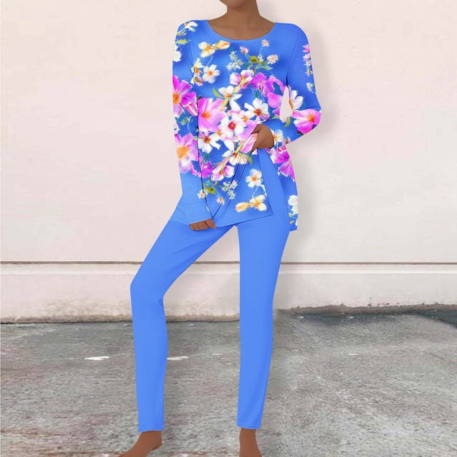 Puntoco Conjunto De Camiseta Y Pantalones Largos Con Cuello Redondo Y Manga Larga Con Estampado Informal Para Mujer, Color Azul Claro S