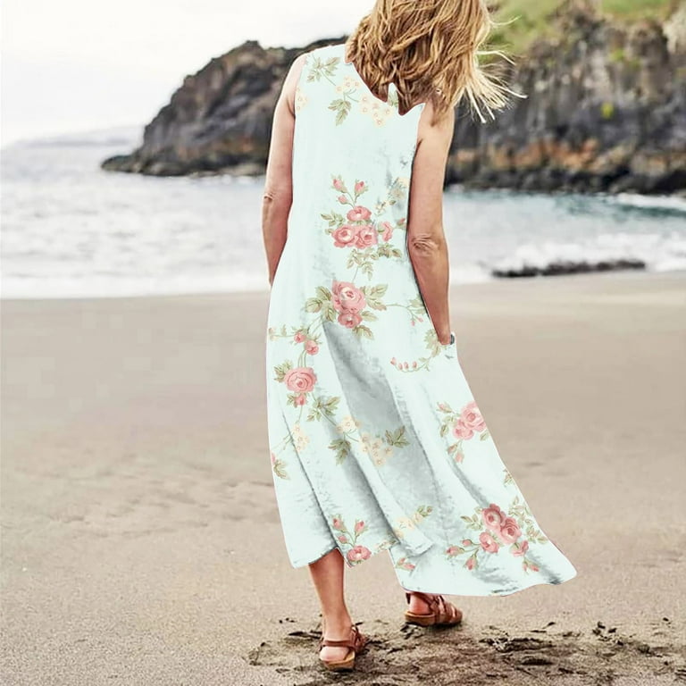 Ovticza Cute Summer Dresses for Women Trendy Boho Flowy Maternity Maxi  Dresses Floral Tank Long Sundresses Sleeveless Cotton Linen Sundresses Over  50 with Pockets Light Blue M - Walmart.com