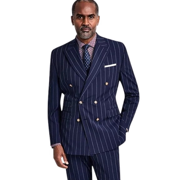 Tayion Men's Pinstriped Double-Breasted Suit Jacket Blazer 38 R Navy Blue