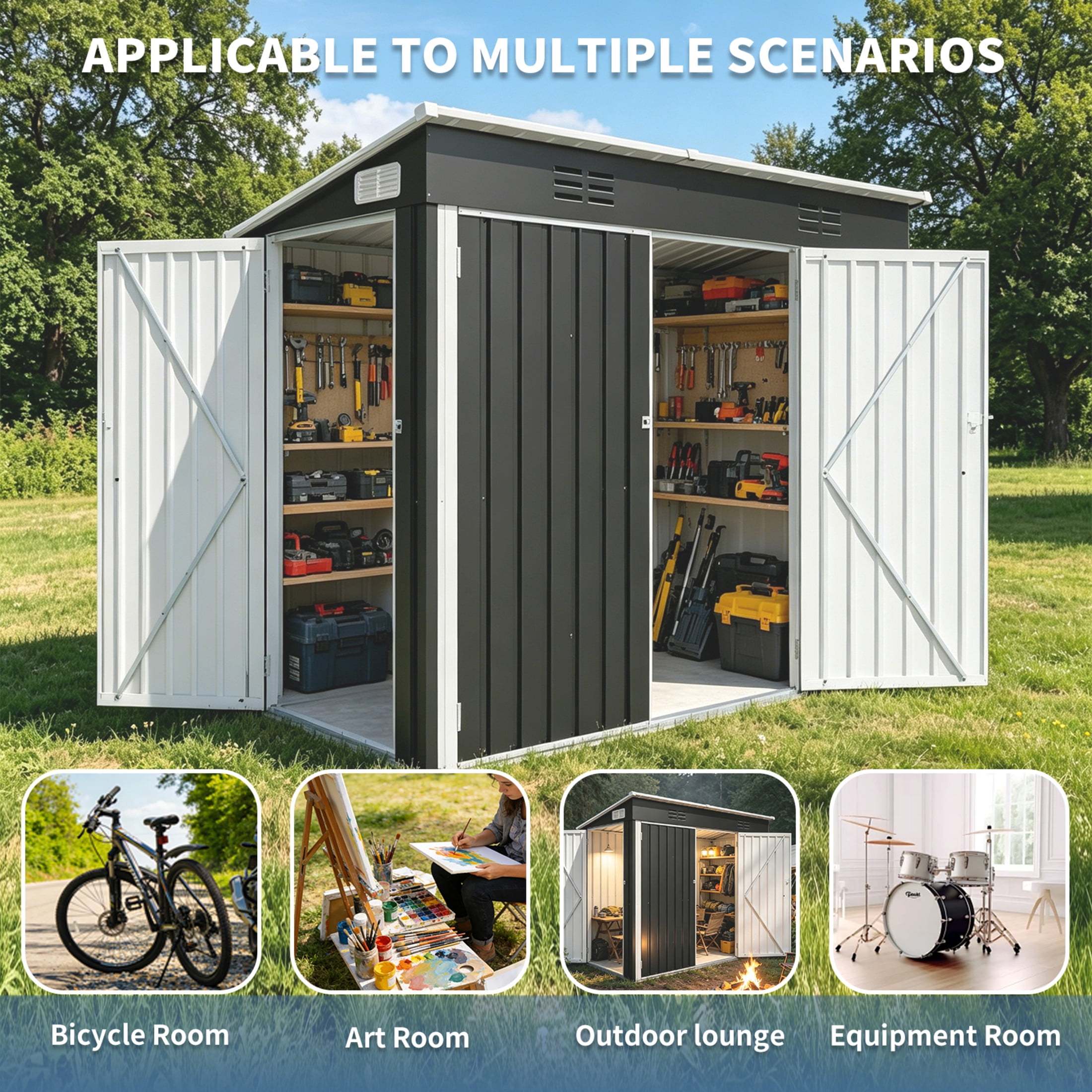 Noble House 4x8 FT Galvanized Steel Outdoor Storage Shed, Weatherproof 3-Door Metal Utility Shed, Black