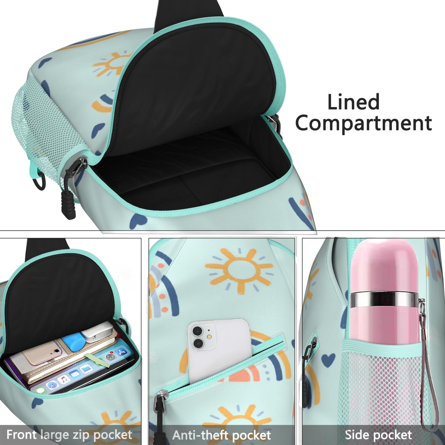 Chest Bag Crossbody Shoulder Bag Crossbody Shoulder BagHiking Sling Backpack for Men Women Travelers Rainbow Cartoon