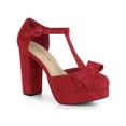 thumbnail image 1 of BLISSFUL STEP Women's Shoes Mary Janes Platform Pumps T-Strap Block Heel Round Toe Bow Decor Casual Shoes Red 7, 1 of 8