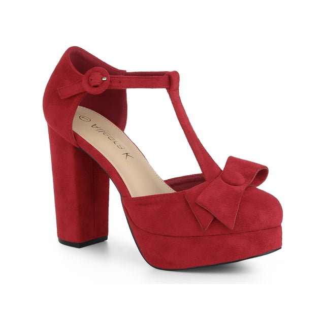 BLISSFUL STEP Women's Shoes Mary Janes Platform Pumps T-Strap Block Heel Round Toe Bow Decor Casual Shoes Red 7