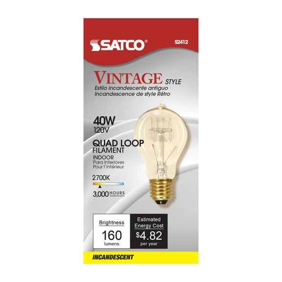 Satco S2412 Vintage  Incandescent A19 Light Bulbs 40W 120V 2700K E26 Medium Base Dimmable (6 Pack)