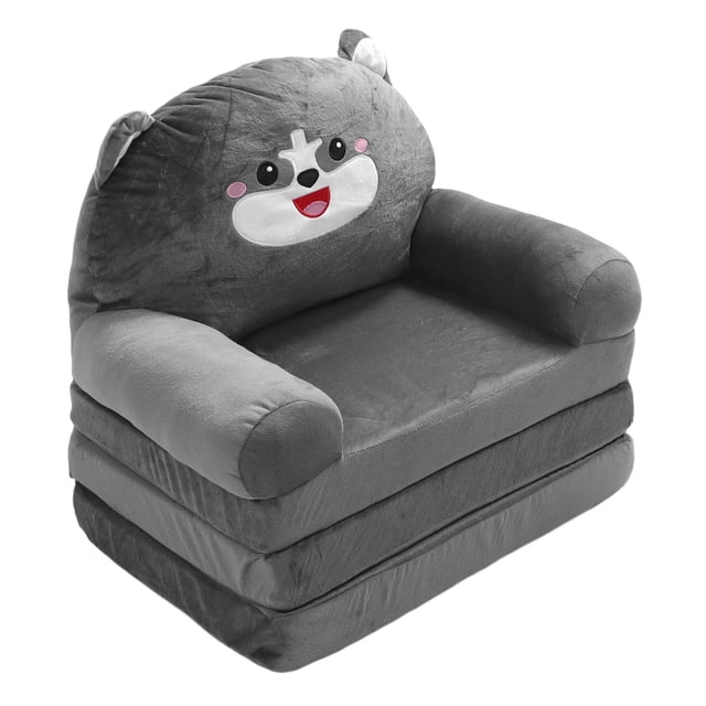 Cartoon Design Foldable Kids Sofa And Sleeper Bed Plush Sponge Lightweight Portable Chair Grey Dog, for Reading, Relaxing, Napping