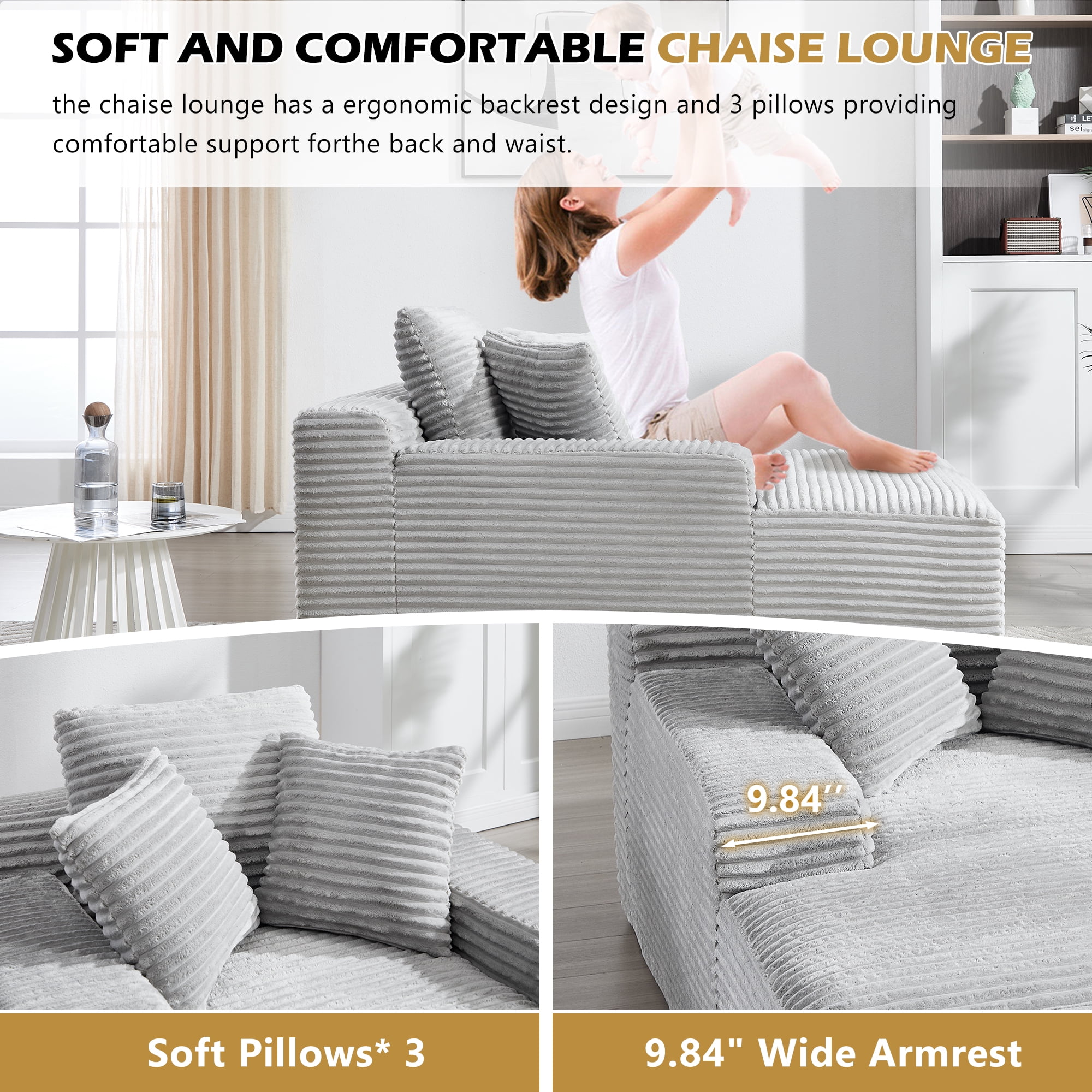Leumius 67'' Oversized Chaise Lounge Chair Indoor,Modern Velvet Upholstered Sofa Bed,Deep Seat Sofa with Back Cushion and Pillows,Cozy Sleeper Couch for Living Room, No Assembly Required,Light Gray