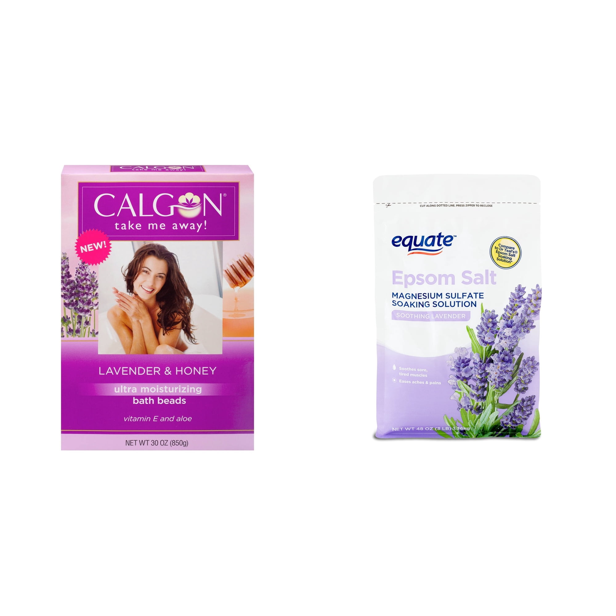 Calgon Lavender Moisturizing Bath Beads with Aloe & Vitamin E & Equate Epsom Salt Soothing Lavender, 3 Lbs Bundle