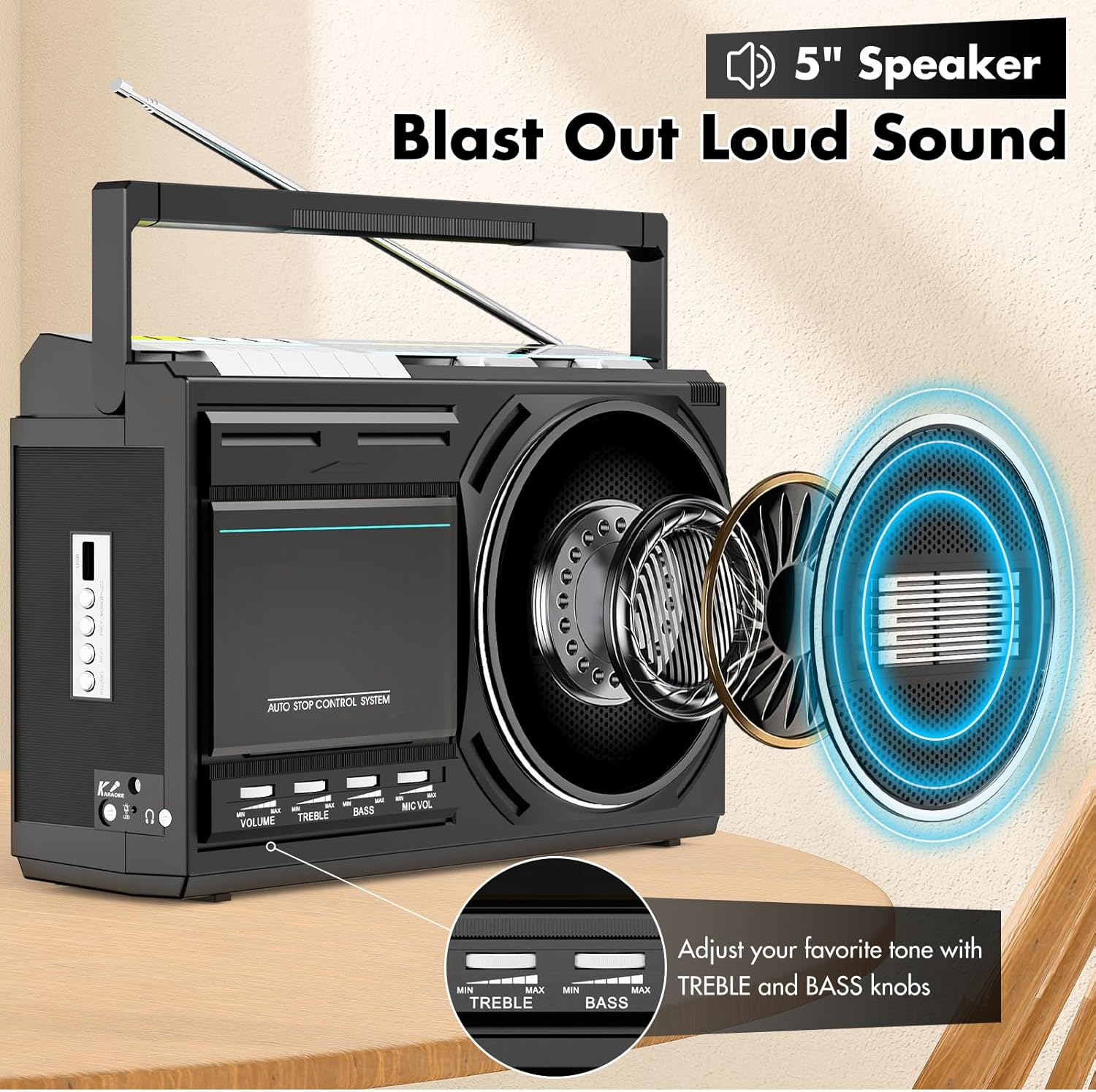 Portable Boombox Cassette Player Combo with Bluetooth,Retro Radio FM/AM/SW,Tape/USB Converter,Earphone Jack,Sound Amplifier,DC/AC Powered,Built-in MIC for Voice Recording,Great Gift for Seniors Kids
