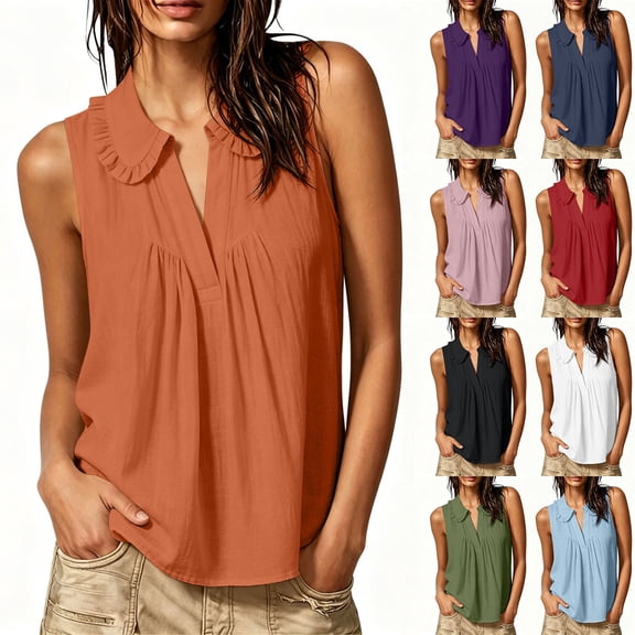 Cotton Tank Tops for Women Summer Trendy Sleeveless Ruffled Collar V Neck Pleated Cute Casual Blouses (XL, Orange)