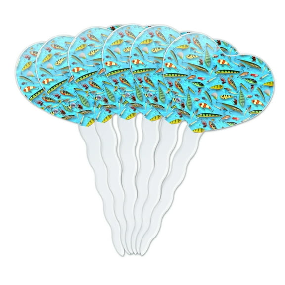 Fishing Flies Lures Fish Pattern Heart Love Cupcake Picks Toppers Decoration Set of 6