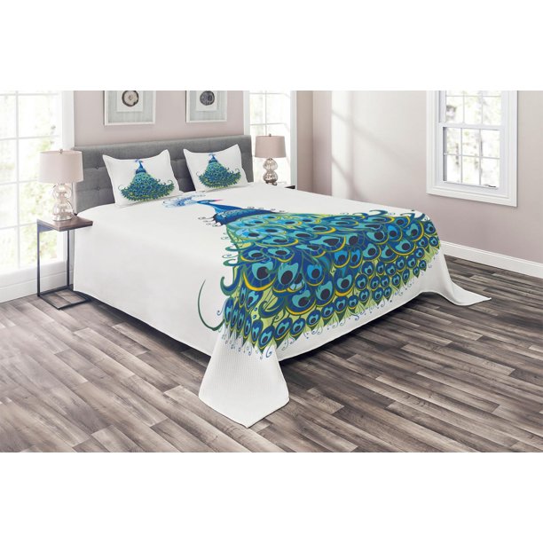 Peacock Coverlet Set King Size, Peacock Illustration Floral Classical Curvy Artful Design 