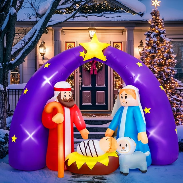 8FT FUN LITTLE TOYS 2024 Belén inflable navideño con luces LED para decoración de patio al aire libre