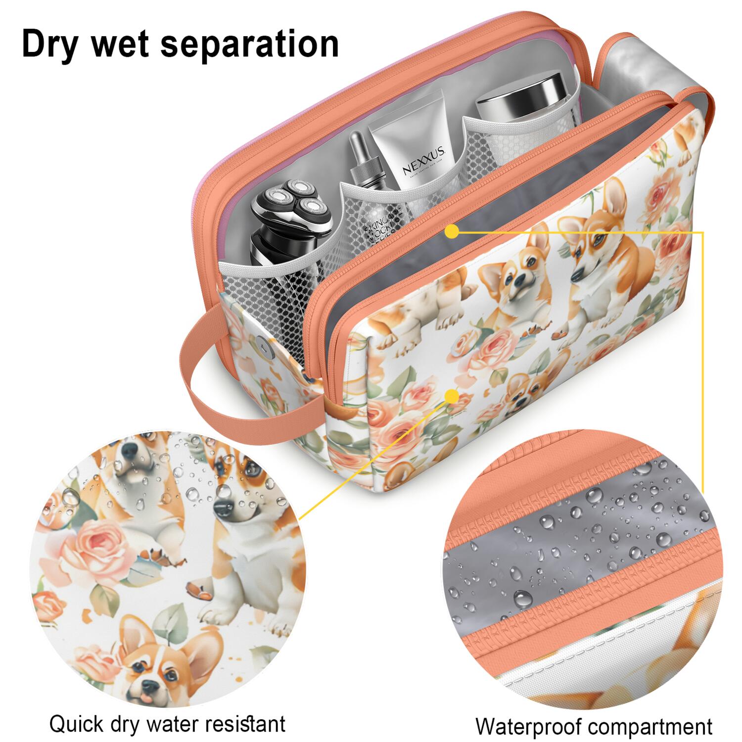 Toiletries Bag,Corgi Dog and Flower Florals Mens Womens Toiletry Bag Bathroom Bag,Waterproof Toiletry Travel Bag Dopp Kit Shaving Bag 11x6.3x5.1 Inch