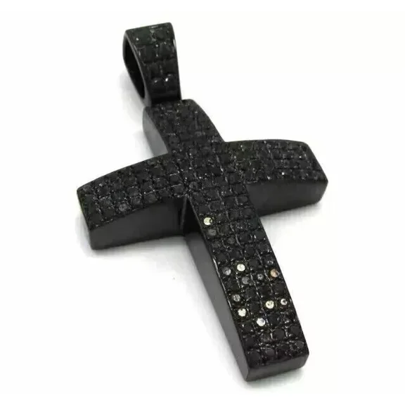 14k Black Gold Plated 2Ct Round Cut AAABlack Diamond Men's Cross Pendant