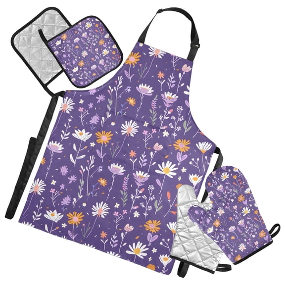 Pastel Floral Plant 5 Pcs Kitchen Set Heat Resistant Oven Mitts and Non-Slip Pot Holders with Adjustable Cooking Apron