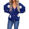 thumbnail image 2 of Womens Ribbed Knit Cardigan Slouchy Flower Graphic Button-Up Jacquard Knitted Sweater Coat Blue M, 2 of 9