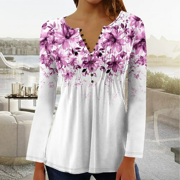 YOTAMI Long Sleeve Shirt for Women Button V-Neck Plus Size Blouse for Casual Printed Ruffled Fall Fashion Blouses Multicolor L