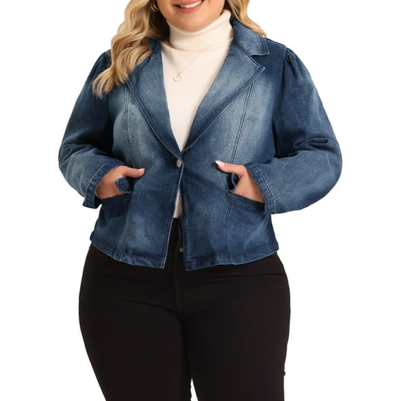 Agnes Orinda Plus Size Denim Jackets for Women's Jean Notched Lapel Work Blazers
