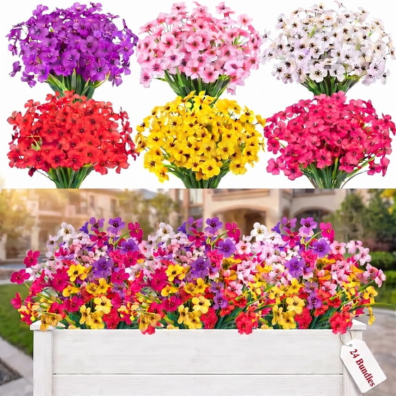Scidweet 24 Bundles Fake Flowers Outdoor, Artificial Plants Faux Flowers Spring Summer Outside for Home Garden Porch Window Box Decorations, Multicolor