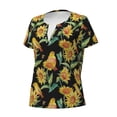 thumbnail image 2 of Goofa Sunflowers And Bird Pattern Womens Deep V Neck Low Cut Tops Casual Summer Short Sleeve Ribbed Knit T-Shirts-Small, 2 of 5