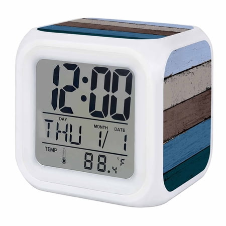 Alarm Clocks Blue Wood Grain Digital Clock 7 Color LED Night Light Silent Non Ticking Battery photo Alarm Clocks Blue Wood Grain Digital Clock 7 Color LED Night Light Silent Non Ticking Battery