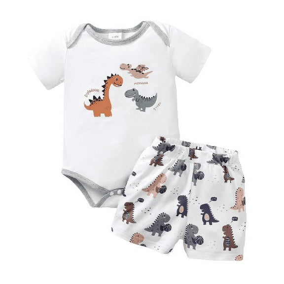 Mikrdoo Baby Boys Clothes Boys Outfits 18 Months Infant Boys Dinosaur Print Romper 24 Months Boys Shorts 2Pcs Summer OOTD White