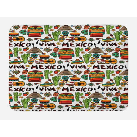 Hot Tequila - Mexican Bath Mat, Viva Mexico with Native Elements Poncho Tequila with Salsa and Hot Peppers Image, Non-Slip Plush Mat Bathroom Kitchen Laundry Room Decor, 29.5 X 17.5 Inches, Multicolor, Ambesonne