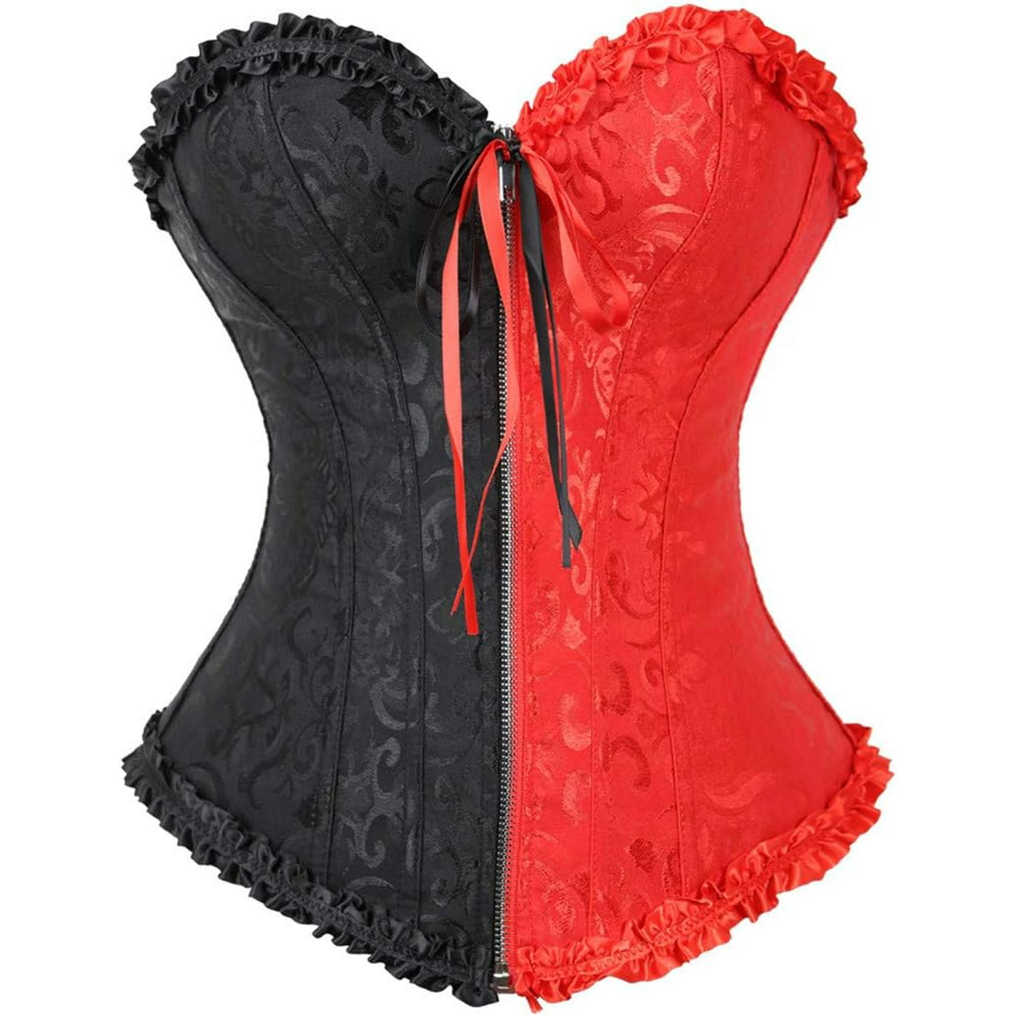 Womens Floral Black Lace Trim Corset Overbust Waist Cincher Bustier Top Black Red Large