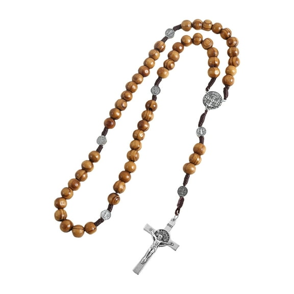 Necvior Braided Wood Beads Chain Rosary Necklace with Pardon Crucifix Crosses Medals Pendant Christians Religious Communion Gift