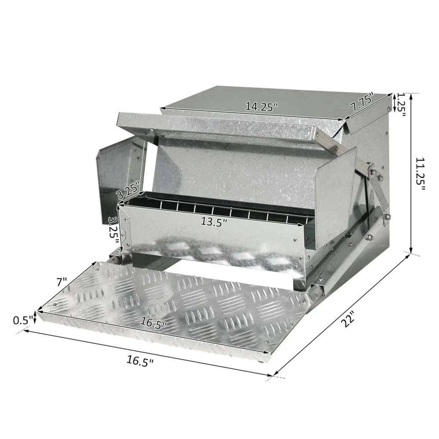 Kadyn Outdoor Automatic Metal Chicken Feeder, Poultry Feeder with Protective Lid for Chickens, Bantams, Pheasants, Holds 30 lbs of Feed, Silver