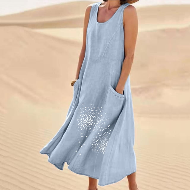 FcBaudy Robe Sans Manches à Col Rond, Robes d'Été pour Femmes, Nouvelles Robes pour Femmes, Robe Longue Imprimée Sans Manches et en Lin à Col Rond pour Femmes