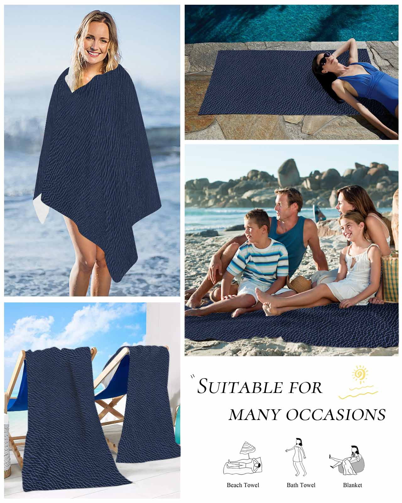 Solid Dark Blue Beach Towels Oversized Super Absorbent, Minimalism Abstract Denim Texture Lightweight Bath Towel Quick Dry Sets For Bathroom/Pool/Rv Camping/Beach Play/Gym Room/Picnic 30"x60"