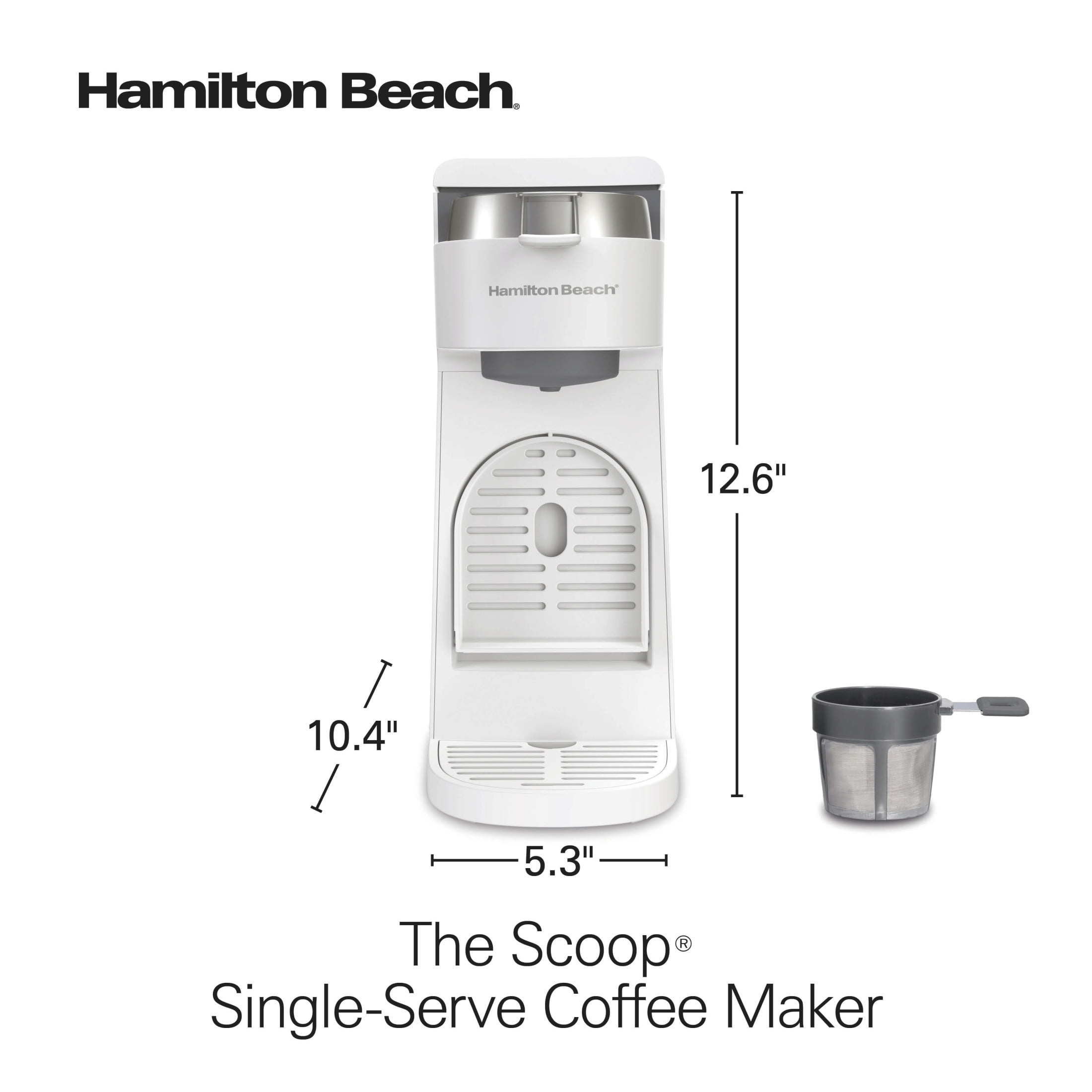 Hamilton Beach The Scoop Single Serve Coffee Maker, No Pods or Coffee Filters Needed, Cafetera, White