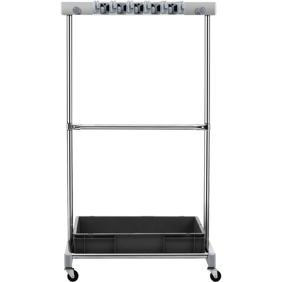KFFKFF Garden Tool Organizer with 10 Slots and Hooks, Rolling Yard Tool Rack for Garage Storage, Suitable for Long-Handled Tools like Rakes and Brooms, Durable Metal Stand for Shed or Outdoor Use
