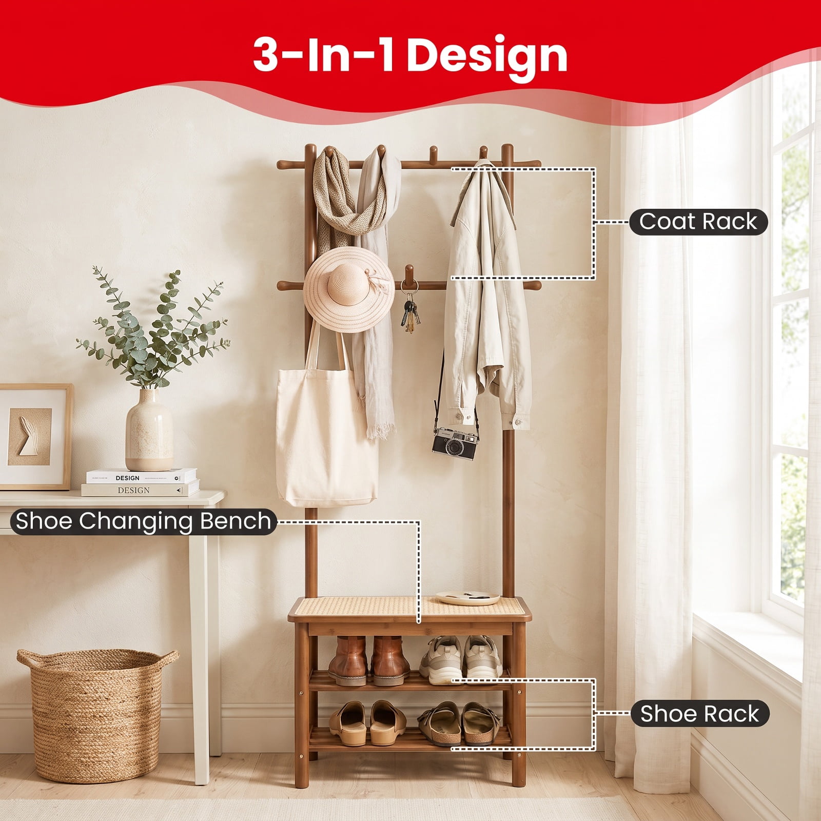 Furnibear 3 in 1 Bamboo Hall Tree Coat Rack with Bench and Shoe Storage and 11 Hooks for Entryway and Foyer and Hallway, Brown