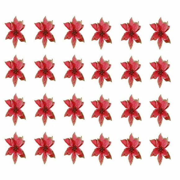 24Pcs Christmas Glitter Artificial Poinsettia Flowers Xmas Poinsettia Artificial Wedding Flowers Decorations Xmas Tree Ornaments for Party Favors, 6inch