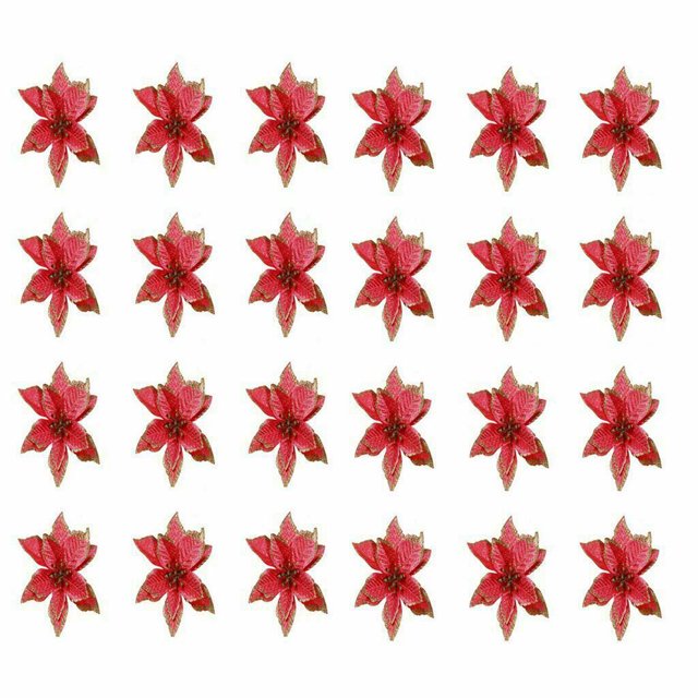 24Pcs Christmas Glitter Artificial Poinsettia Flowers Xmas Poinsettia Artificial Wedding Flowers Decorations Xmas Tree Ornaments for Party Favors, 6inch