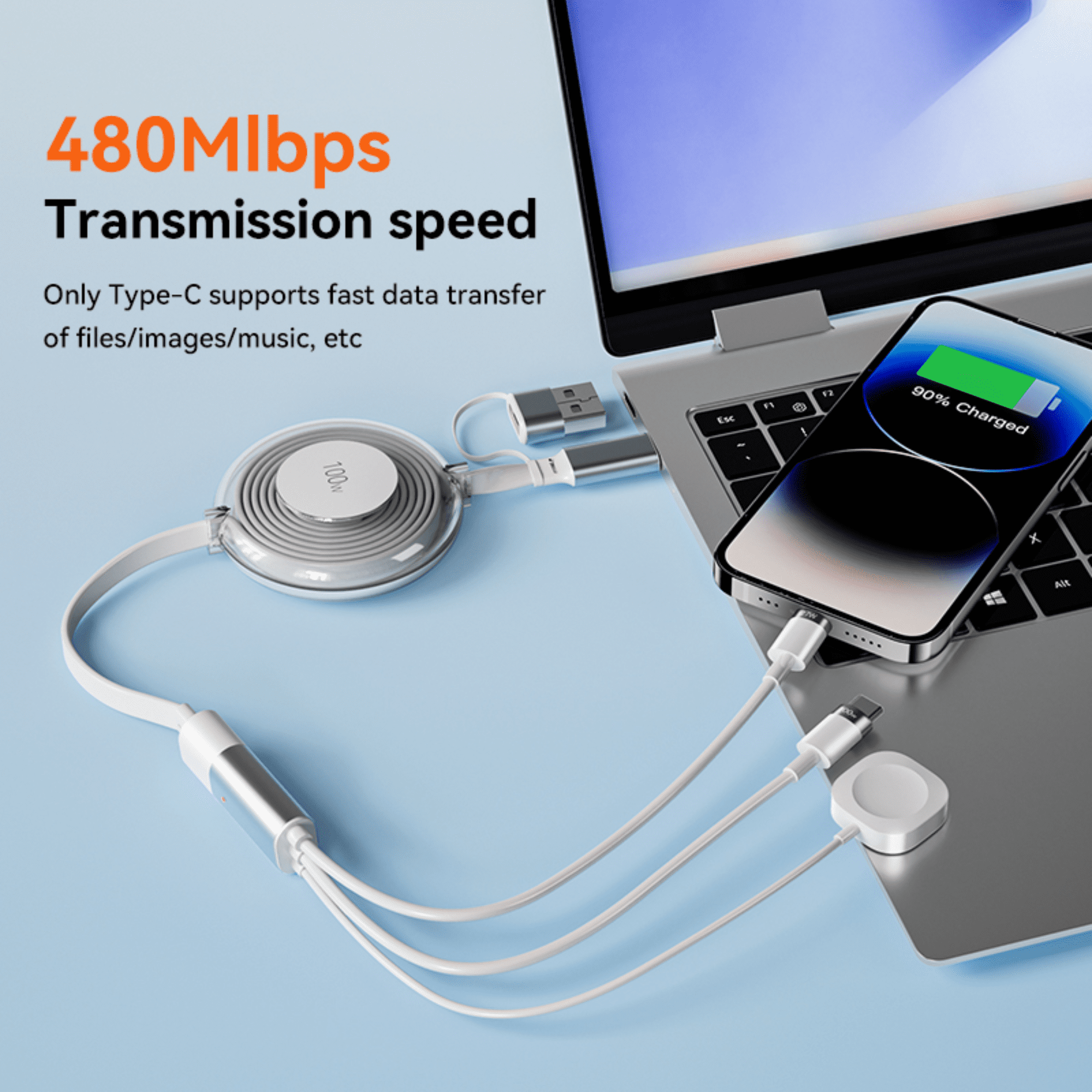 3-in-1 Retractable Multi Charger for Apple Watch - 100W Retractable Charging Cable with Apple Watch Charger, USB-C, Lightning USB cables for iWatch/iPhone 16/15/14/13/12/Android/iPad/Tablet/Laptap