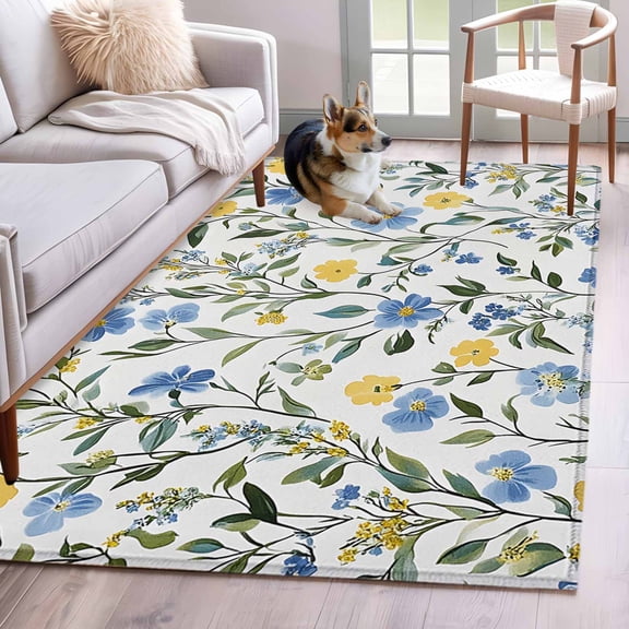 4'x6' Area Rugs, Blue Yellow Floral Spring Indoor Outdoor Area Rug for Living Room Bedroom, Summer Botanical Pastoral Green Washable Bathroom Rugs Kitchen Floor Carpet Mats Home Decor Aesthetic