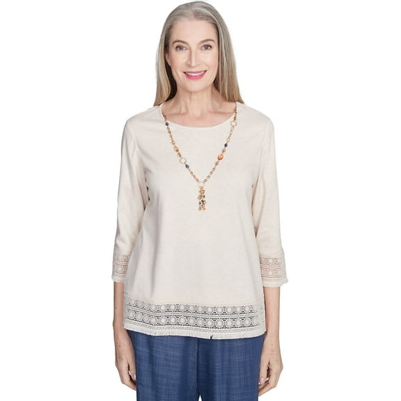 Alfred Dunner Womens Lace Trimmed Knit Top With Necklace