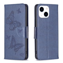 Dteck for Apple iPhone 15 Wallet Case, Magnetic Closure Case PU Leather Folio Cover, Butterfly Floral Embossed Holster Silicone Bumper with Card Holder Kickstand Lanyard for Women Girl, blue
