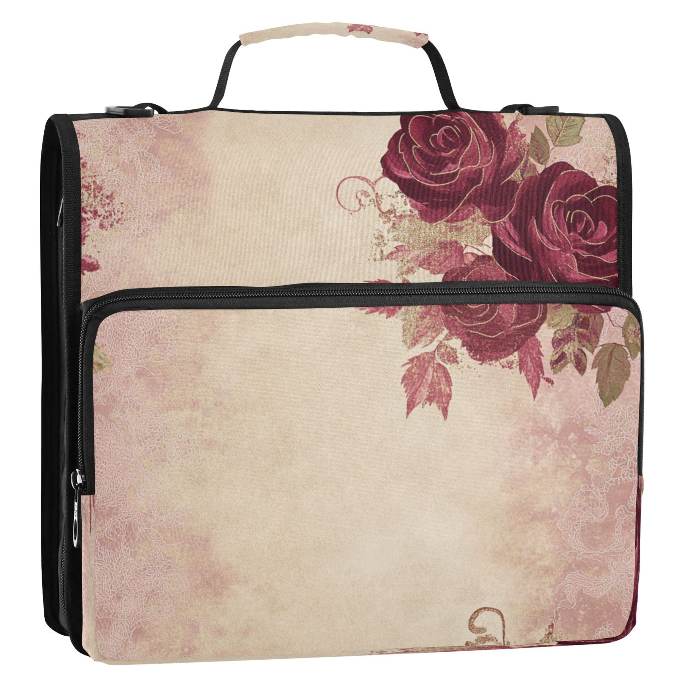 Water-Resistant 3-Ring Binder Organizer with Multiple Pockets Zipper Binder Bag for Office Roses and Leaves