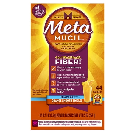 Metamucil Psyllium Fiber Supplement by Meta Orange Smooth Sugar Free Powder Packets, 44 Count