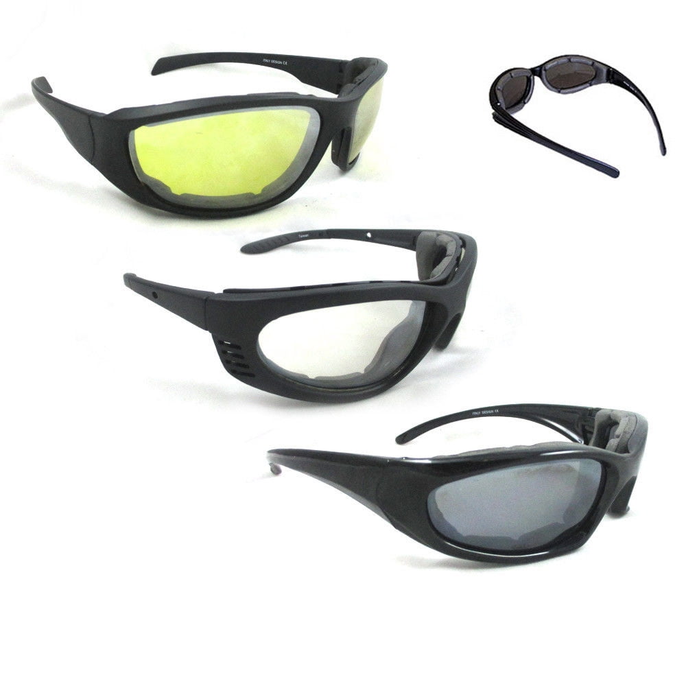 3 PACK COMBO Chopper Padded Motorcycle Riding Glasses Wind Resistant Sunglasses 