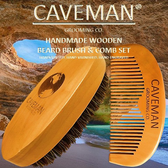 Handcrafted Natural Fine Tooth Wooden Beard Comb   Beard Brush by Caveman