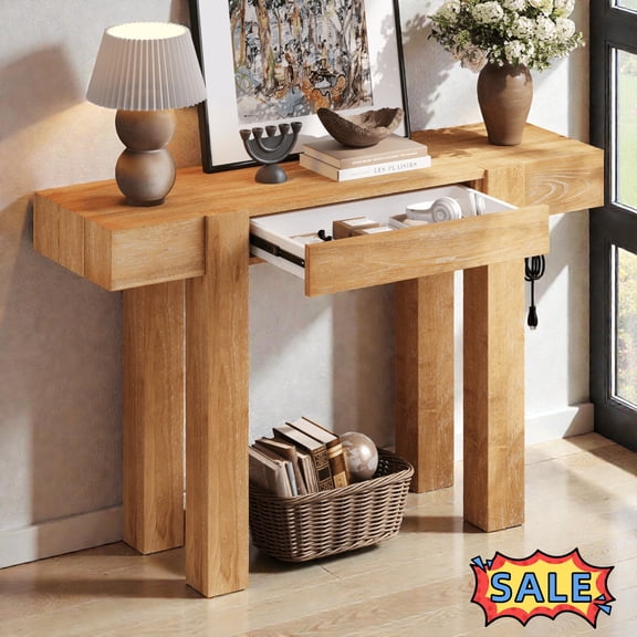 Tcbosik 47.2 inch Console Table with Charging Station, Entryway Table with Storage Drawer, Behind Couch Table for Living Room, Hallway, Foyer, Natural